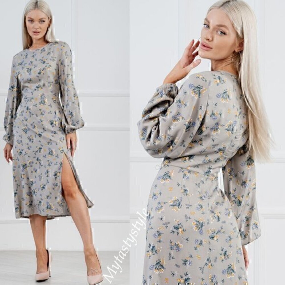 NWT Floral Grey Fitted Floral Midi Side Slit Dress Size M